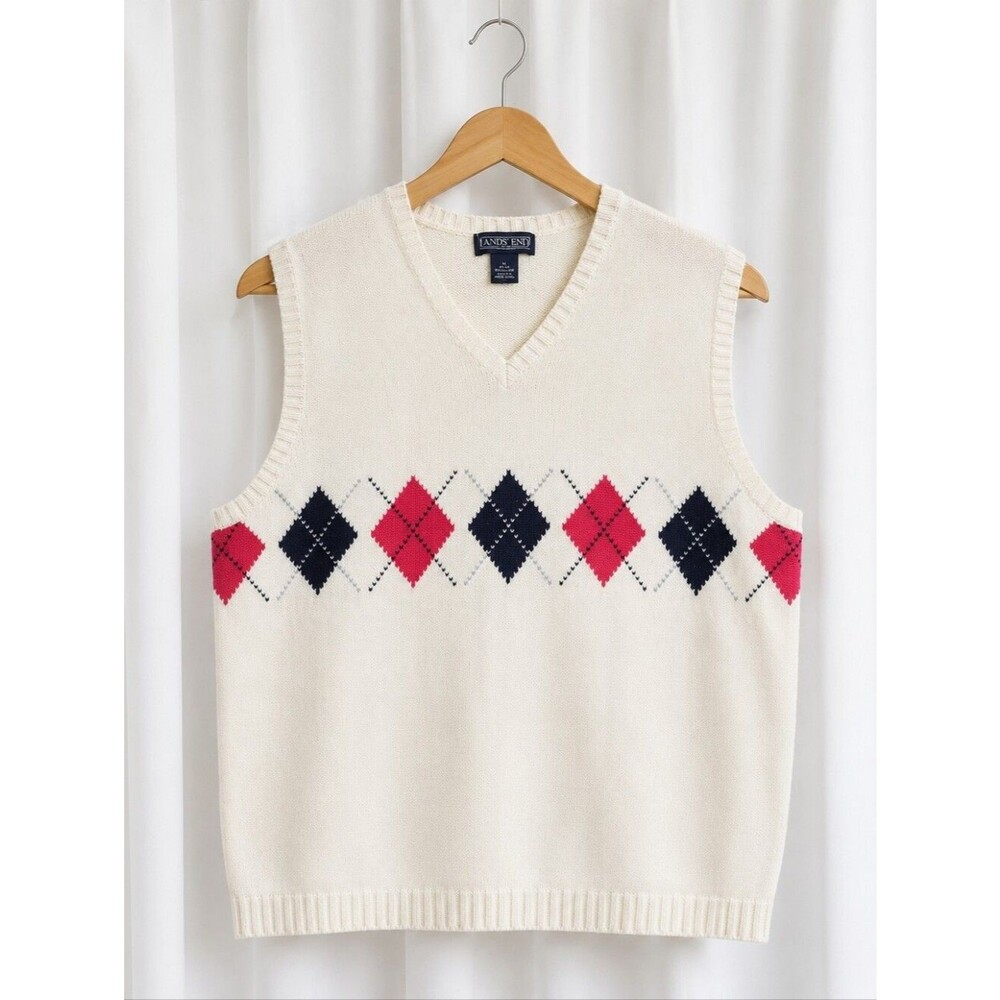 Vintage Lands' End Off White Pink Black Gray Argyle Knit Preppy Sweater Vest